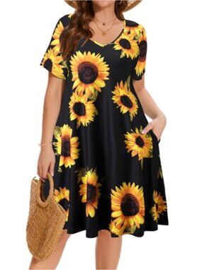 Plus Size Swing Dress V-Neck Short Sleeve Casual Summer Midi with Pockets
